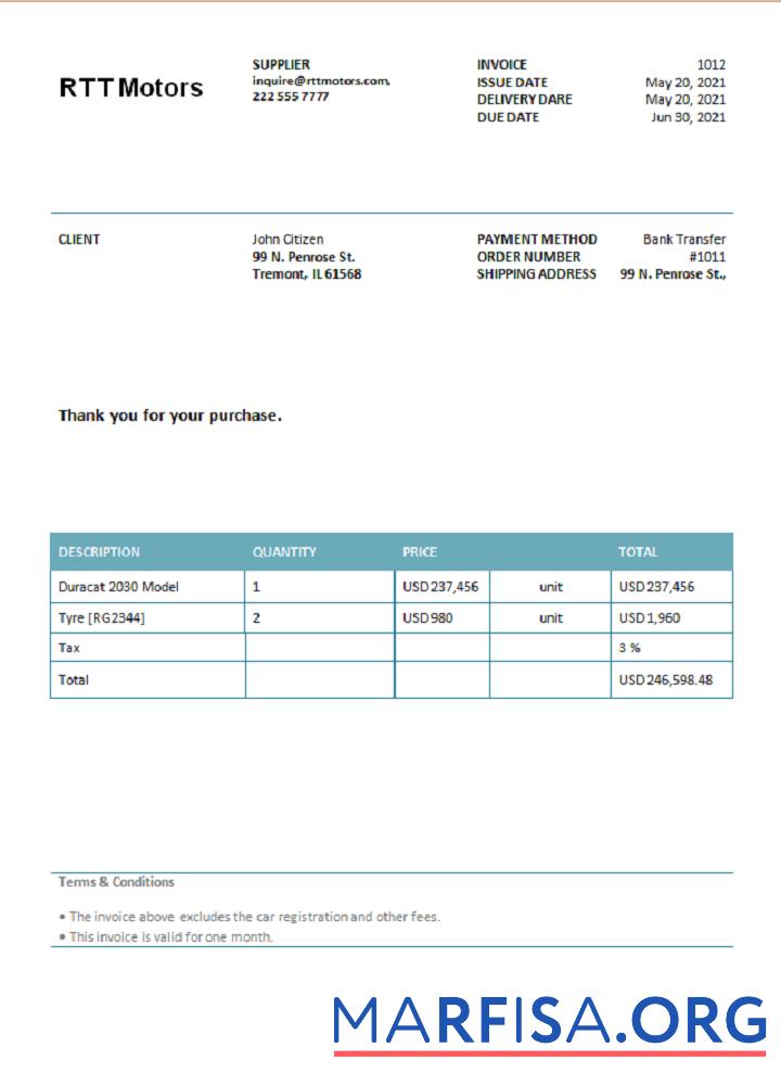 Blank USA RTT Motors invoice sample